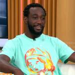 Terence Crawford’s aqua graphic t-shirt on CBS Mornings