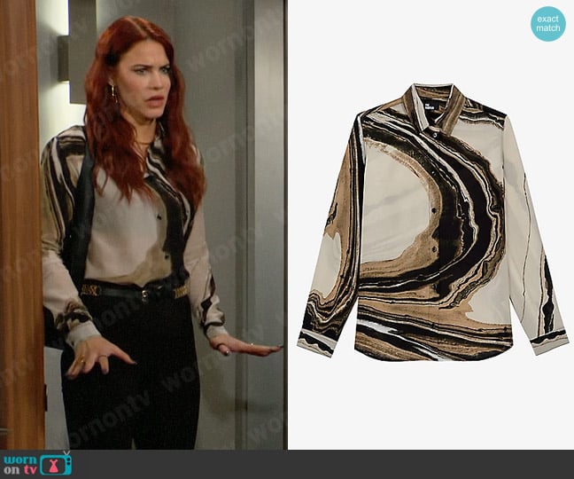 The Kooples Abstract marbled silk shirt worn by Sally Spectra (Courtney Hope) on The Young and the Restless