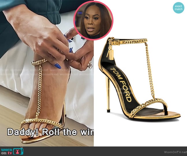 Tom Ford Mirror Padlock Chain Pointy Naked Sandal 105 worn by Sanya Richards-Ross on The Real Housewives of Atlanta