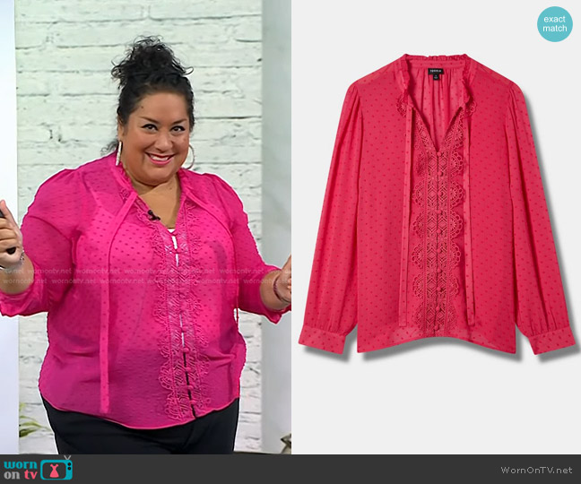 Torrid Chiffon Clip Dot Ruffle Neck Tie Front Top worn by Ayesha Nurdjaja on Today