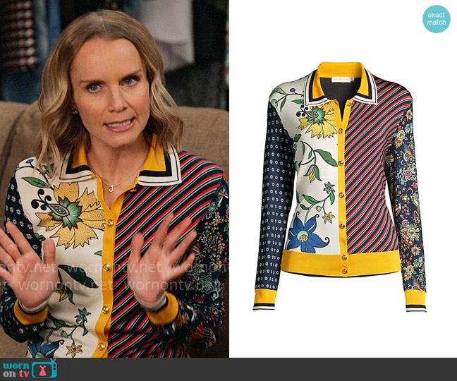 Tory Burch Print Block Cardigan worn by Miss Jenn (Kate Reinders) on High School Musical The Musical The Series