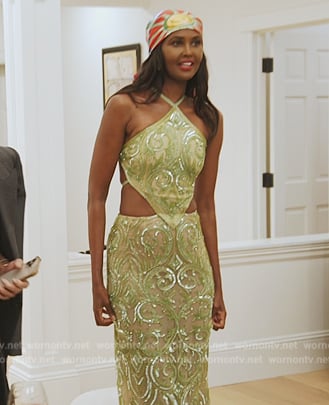 Ubah's green embellished top and skirt on The Talk