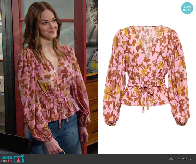 Ulla Johnson Huali Floral Silk Peplum Blouse worn by Stephanie Johnson (Abigail Klein) on Days of our Lives