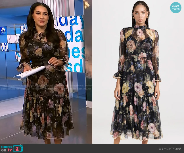 Zimmermann Tubular Midi Dress in Multi Floral Black worn by Morgan Radford on NBC News Daily