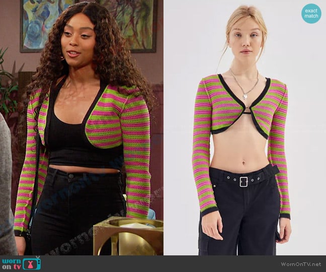 Urban Outfitters Kenzie Crochet Shrug Sweater worn by Talia Hunter (Aketra Sevellian) on Days of our Lives