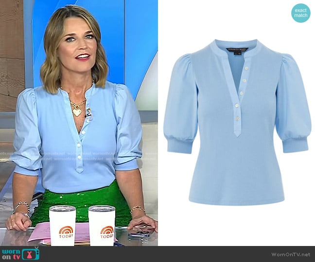 WornOnTV: Savannah’s blue puff sleeve top and green sequin skirt on ...