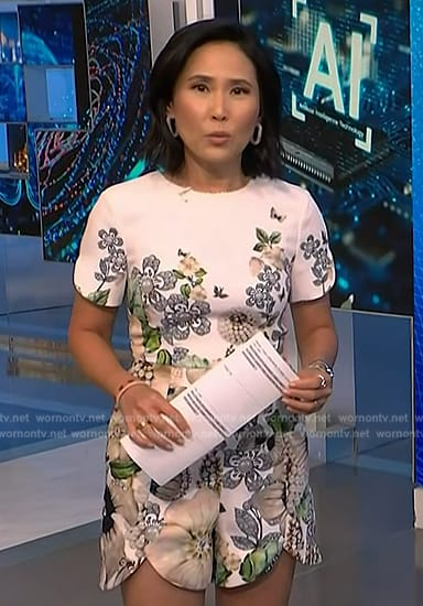 Vicky's white floral scalloped romper on NBC News Daily