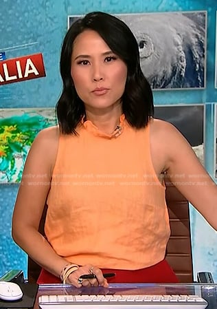 Vicky’s orange ruffle neck top on NBC News Daily