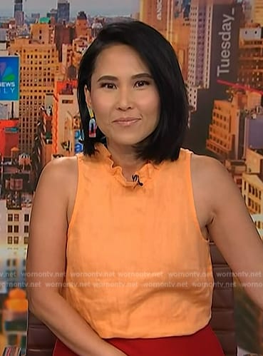 Vicky's orange ruffle neck top on NBC News Daily