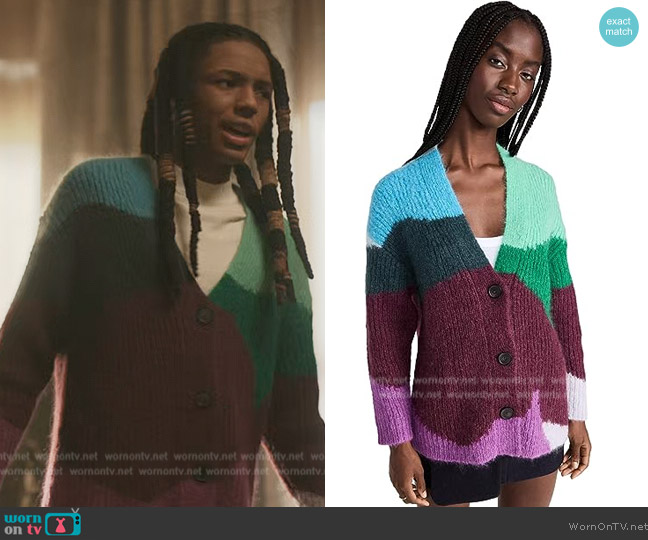 Vince Intarsia Wave Cardigan worn by Jake (Michael Epps) on The Chi