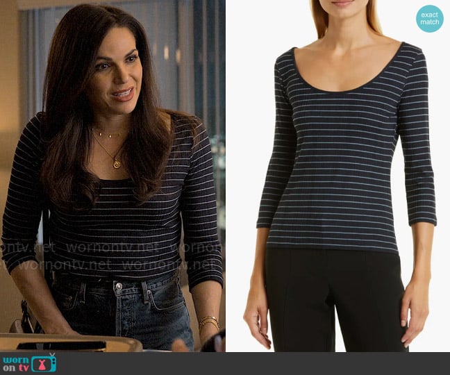 Vince Stripe Rib Scoop Neck Knit Top in Deep Marine Lake worn by Lisa Trammell (Lana Parrilla) on The Lincoln Lawyer