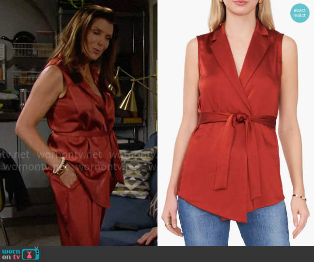 Vince Camuto Belted Satin Vest in Chilli Oil worn by Sheila Carter (Kimberlin Brown) on The Bold and the Beautiful