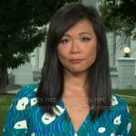 Weijia Jiang’s teal printed wrap dress on CBS Mornings