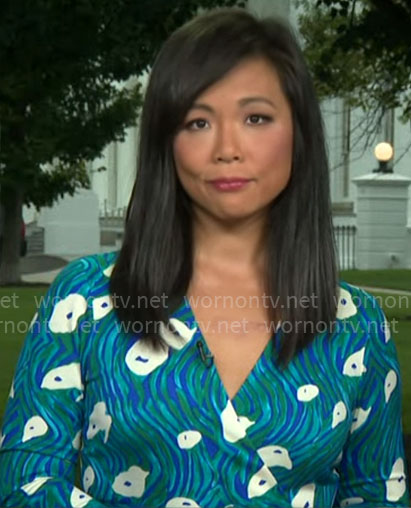 Weijia Jiang's teal printed wrap dress on CBS Mornings