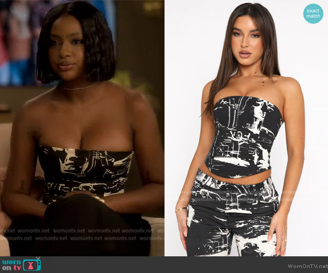 White Fox No Drama Bustier Dice worn by Annika (Justine Skye) on Grown-ish