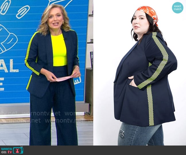 Wildfang The Empower Colorblock Tux Blazer in Navy / Neon Green Mesh worn by Christina Ruffini on CBS Mornings