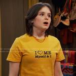 Winnie’s yellow I love me print tee on Bunkd