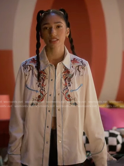 Zaara's white embroidered western shirt on Grown-ish