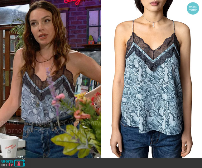 WornOnTV: Tessa's blue snake print lace-trim cami top on The Young and the  Restless, Cait Fairbanks