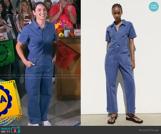 Zara Solid Color TRF Denim Jumpsuit worn by Mika Leon on Good Morning America