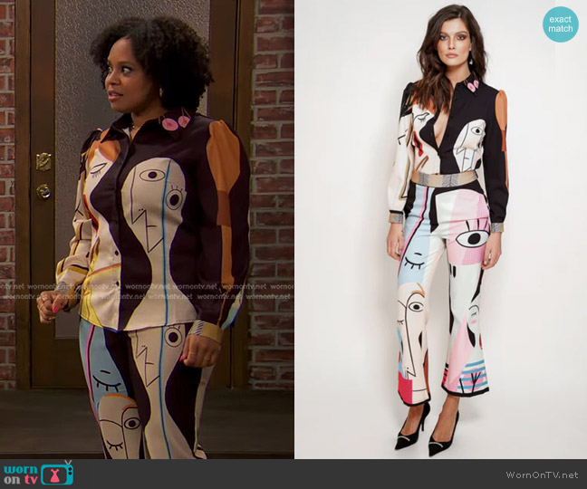 Emily’s graphic print blouse and pants on Ravens Home