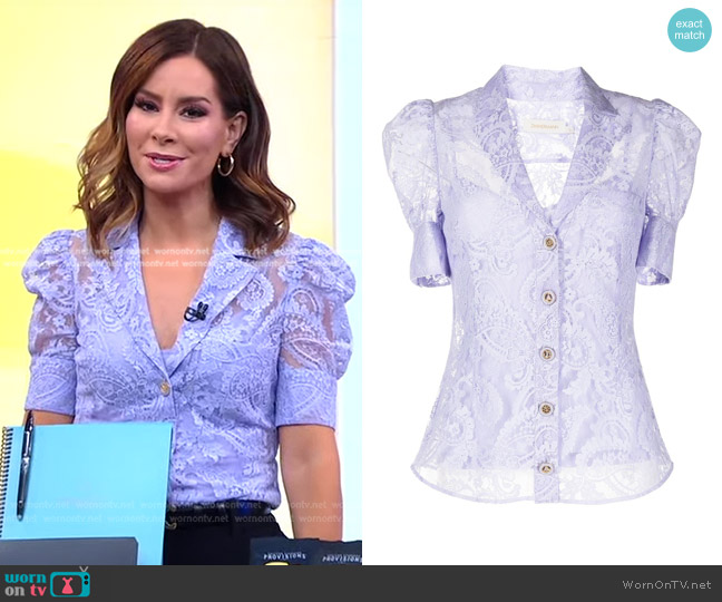 Zimmermann High Tide Blouse in Lavender worn by Rebecca Jarvis on Good Morning America