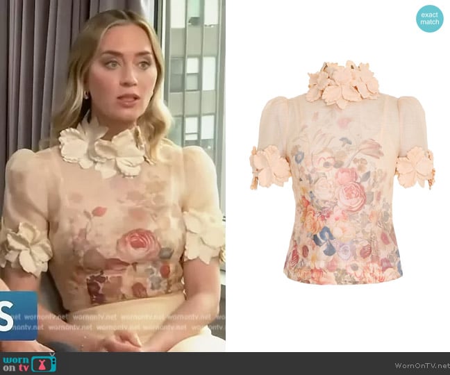 Zimmermann Luminosity Liftoff Flower Top worn by Emily Blunt on Access Hollywood