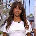 Zuri’s white puff sleeve twist front top on Access Hollywood