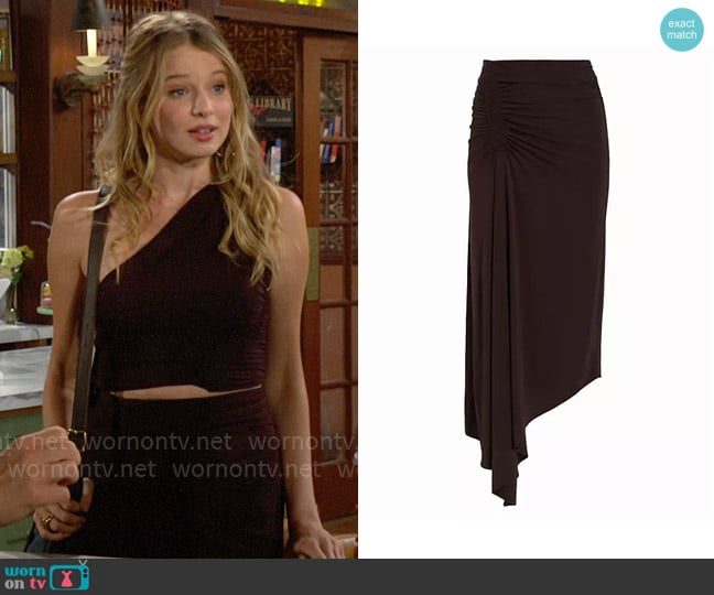 A.L.C. Adeline Skirt in Cocoa worn by Summer Newman (Allison Lanier) on The Young and the Restless