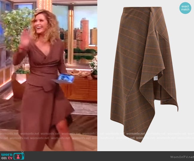 A.L.C. Navy asymmetric draped checked woven midi skirt worn by Sara Haines on The View