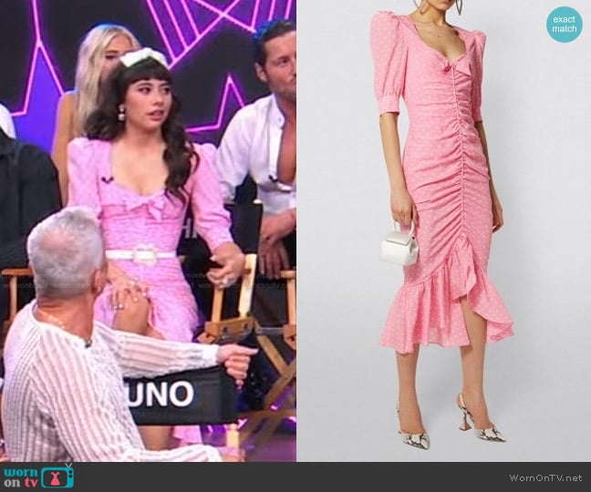 Alessandra Rich Polka Dot Silk Ruched Midi Dress in Pink worn by Xochitl Gomez on Good Morning America