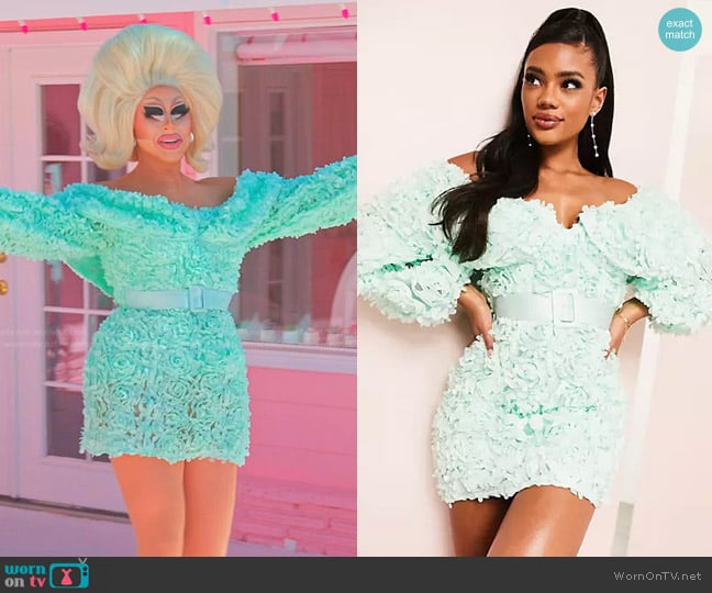 Asos Luxe 3D Floral Bardot Mini Dress in mint worn by Trixie Mattel on The Real Housewives of Salt Lake City