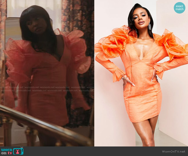 Asos Luxe Wired Ruffle Shoulder Lace Mini Dress in Orange-Pink worn by Jemma St. John (Judae'a) on The Chi