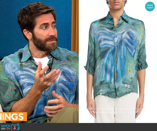 Acne Studios x Karen Kilimnick  Bow Print Crinkle Button-Up Shirt worn by Jake Gyllenhaal on CBS Mornings