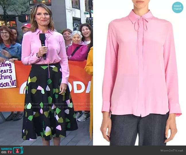 Adam Lippes Shirt With Thin Bow in Rose worn by Savannah Guthrie on Today