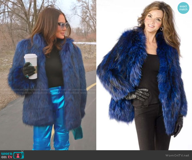 Adrienne Landau Silver Fox Collarless Jacket in Blue Dyed worn by Meredith Marks on The Real Housewives of Salt Lake City