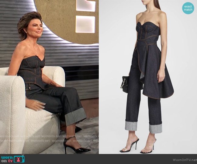 Alexander McQueen Asymmetric Drape Denim Corset Top worn by Lisa Rinna on Access Hollywood