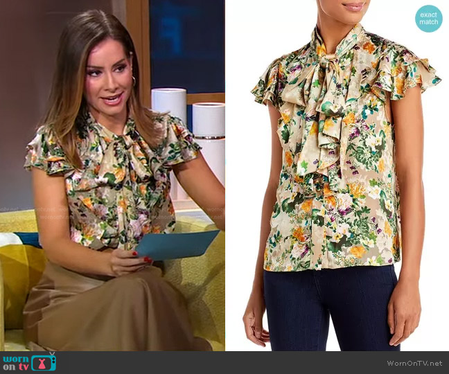 Alice + Olivia Jeannie Floral Burnout Bow Collar Blouse worn by Rebecca Jarvis on Good Morning America