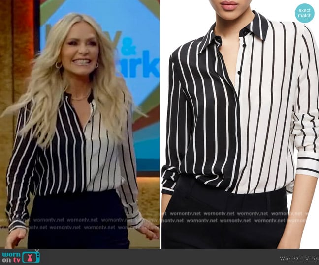 Alice and Olivia Willa Striped Two Tone Blouse worn by Tamra Judge on Live with Kelly and Mark