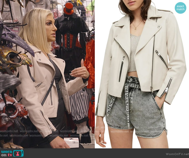 All Saints Fern Leather Biker Jacket worn by Gina Kirschenheiter on The Real Housewives of Orange County