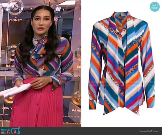 Altuzarra Newberry Sequin Stripe Silk Tieneck Top worn by Morgan Radford on NBC News Daily