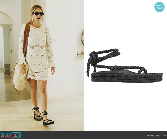 Studio Amelia Black Tether Rope Ankle-Wrap Flat Sandals worn by Erin Lichy on The Real Housewives of New York City