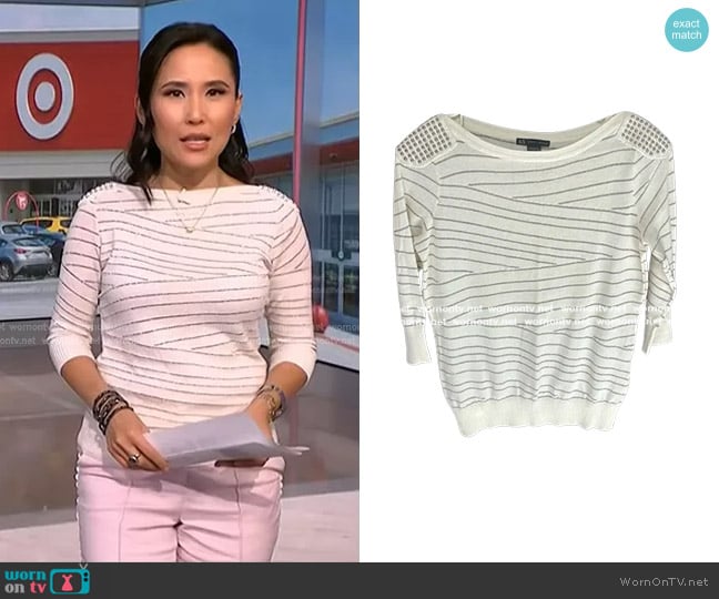 Armani Exchange Studded Shoulders Metallic Stripe Sweater worn by Vicky Nguyen on NBC News Daily