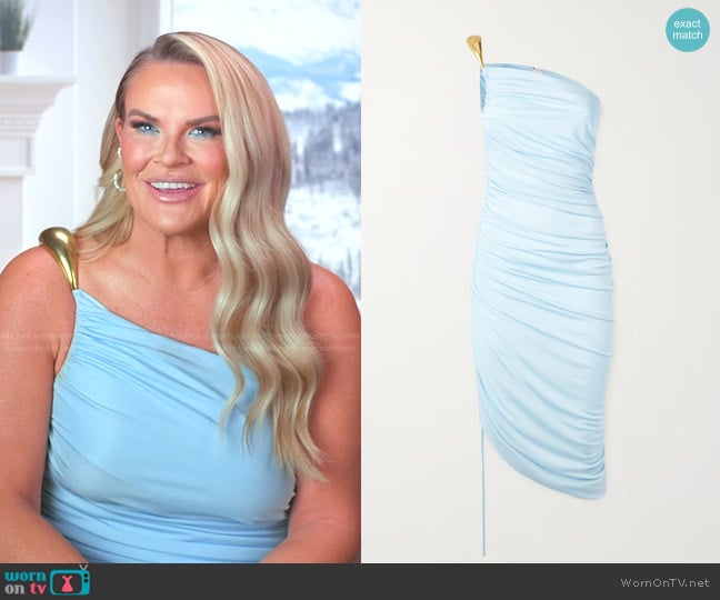 Bottega Veneta One-Shoulder Asymmetric Midi Dress with Gold-Tone Detail worn by Heather Gay on The Real Housewives of Salt Lake City