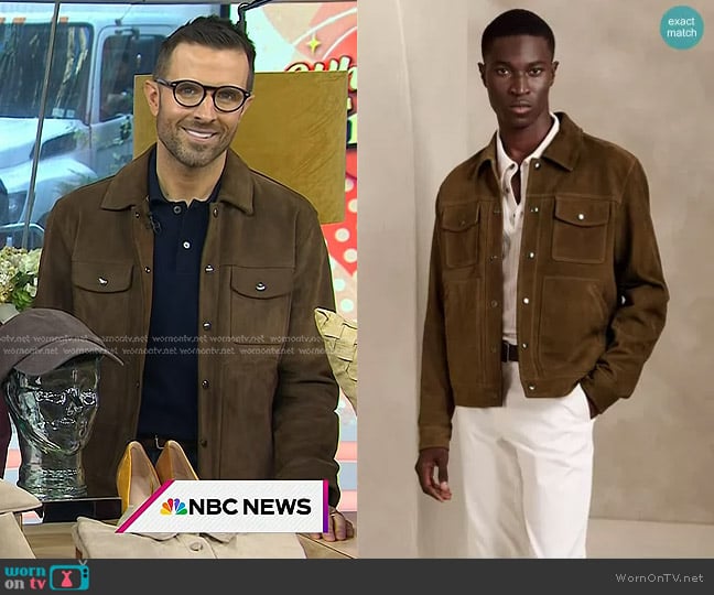 Banana Republic Suede Trucker Jacket in Dark Brown worn by Preston Konrad on Today