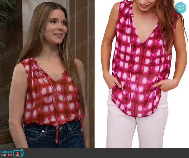 Bella Dahl Shirred Tie Neck Sleeveless Blouse in Rosado Shibori Print worn by Molly Lansing-Davis (Brooke Anne Smith) on General Hospital