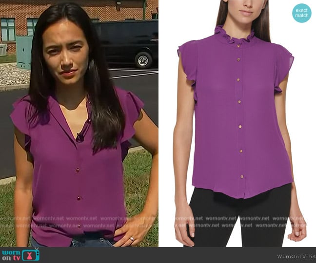 Calvin Klein Ruffle Mock Neck Top worn by Emilie Ikeda on NBC News Daily