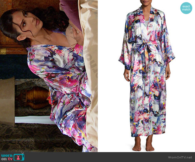 Christine Designs Blossom Printed Long Silk Wrap Robe in Multi Pattern worn by Gabi Hernandez (Camila Banus) on Days of our Lives