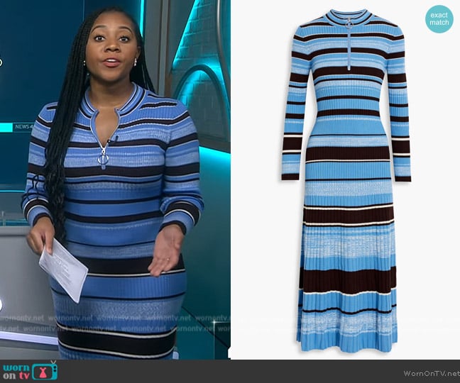 Derek Lam 10 Crosby Taryn striped ribbed merino wool midi dress worn by Kay Angrum on NBC News Daily