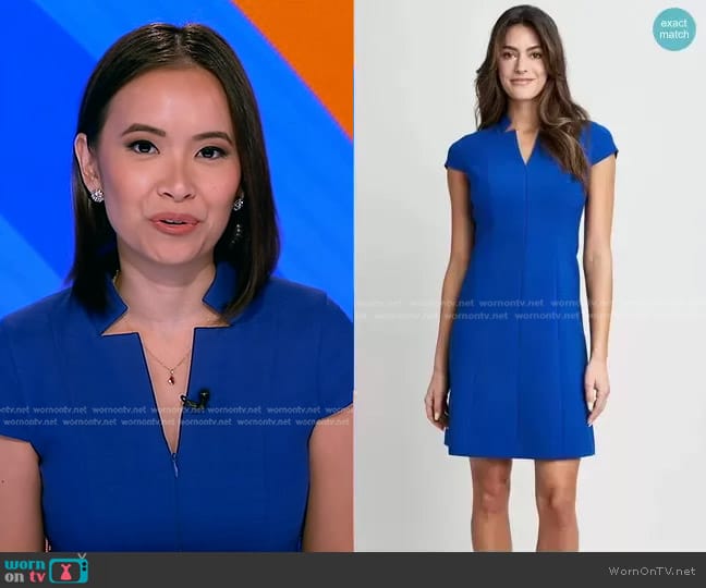 Elie Tahari Sculpted Neck Dress in Ultramarine worn by Em Nguyen on Good Morning America